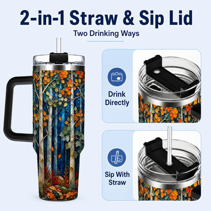 #pl[40oz|Black] Blue Birch Forest 40oz Tumbler with Handle, Autumn Travel Cup