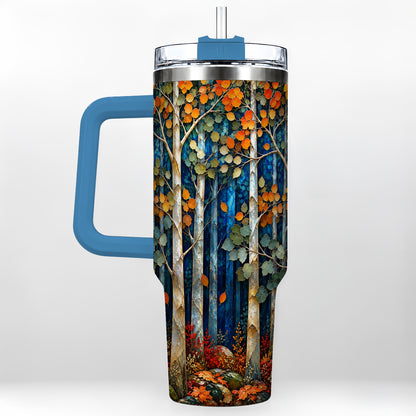 #pl[40oz|Blue] Blue Birch Forest 40oz Tumbler with Handle, Autumn Travel Cup