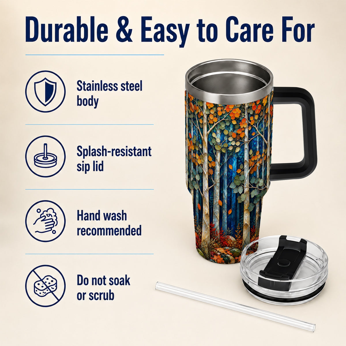 #pl[40oz|Black] Blue Birch Forest 40oz Tumbler with Handle, Autumn Travel Cup
