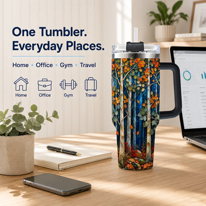 #pl[40oz|Black] Blue Birch Forest 40oz Tumbler with Handle, Autumn Travel Cup