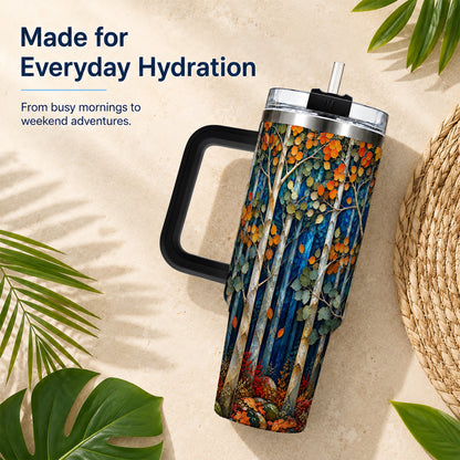 #pl[40oz|Black] Blue Birch Forest 40oz Tumbler with Handle, Autumn Travel Cup