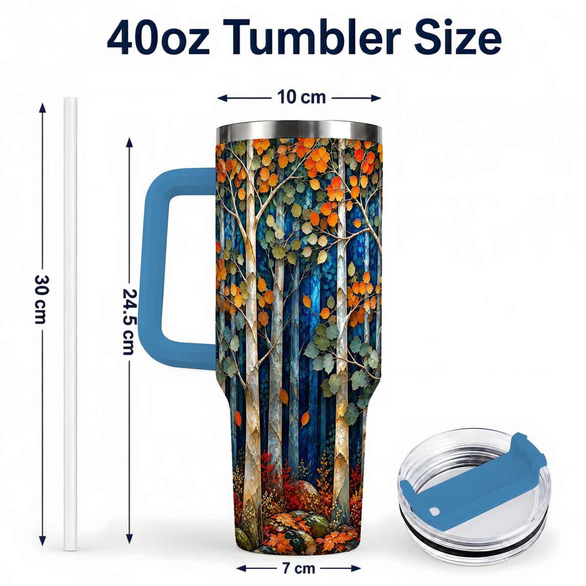 #pl[40oz|Blue] Blue Birch Forest 40oz Tumbler with Handle, Autumn Travel Cup