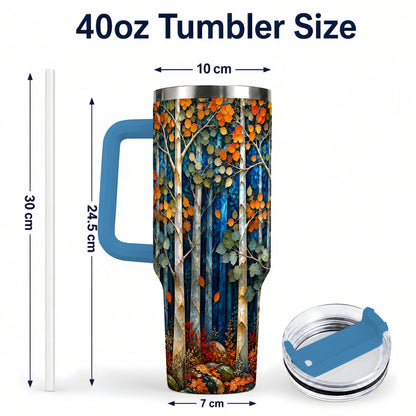 #pl[40oz|Blue] Blue Birch Forest 40oz Tumbler with Handle, Autumn Travel Cup