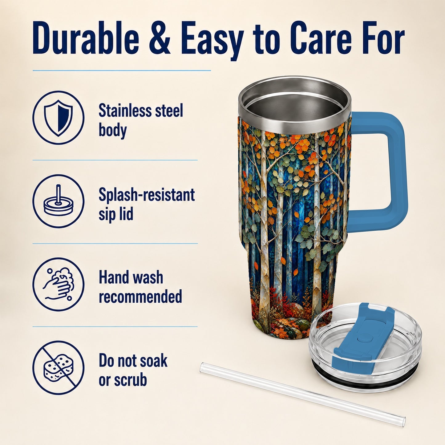 #pl[40oz|Blue] Blue Birch Forest 40oz Tumbler with Handle, Autumn Travel Cup
