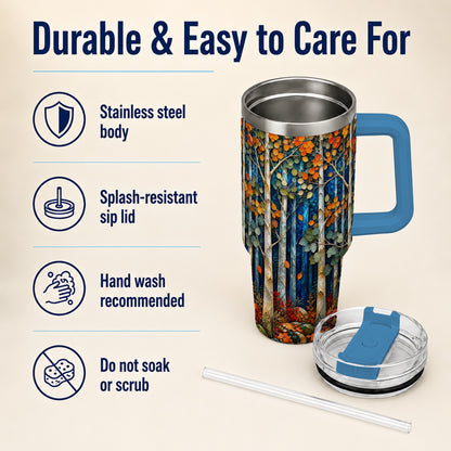#pl[40oz|Blue] Blue Birch Forest 40oz Tumbler with Handle, Autumn Travel Cup