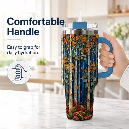 #pl[40oz|Blue] Blue Birch Forest 40oz Tumbler with Handle, Autumn Travel Cup