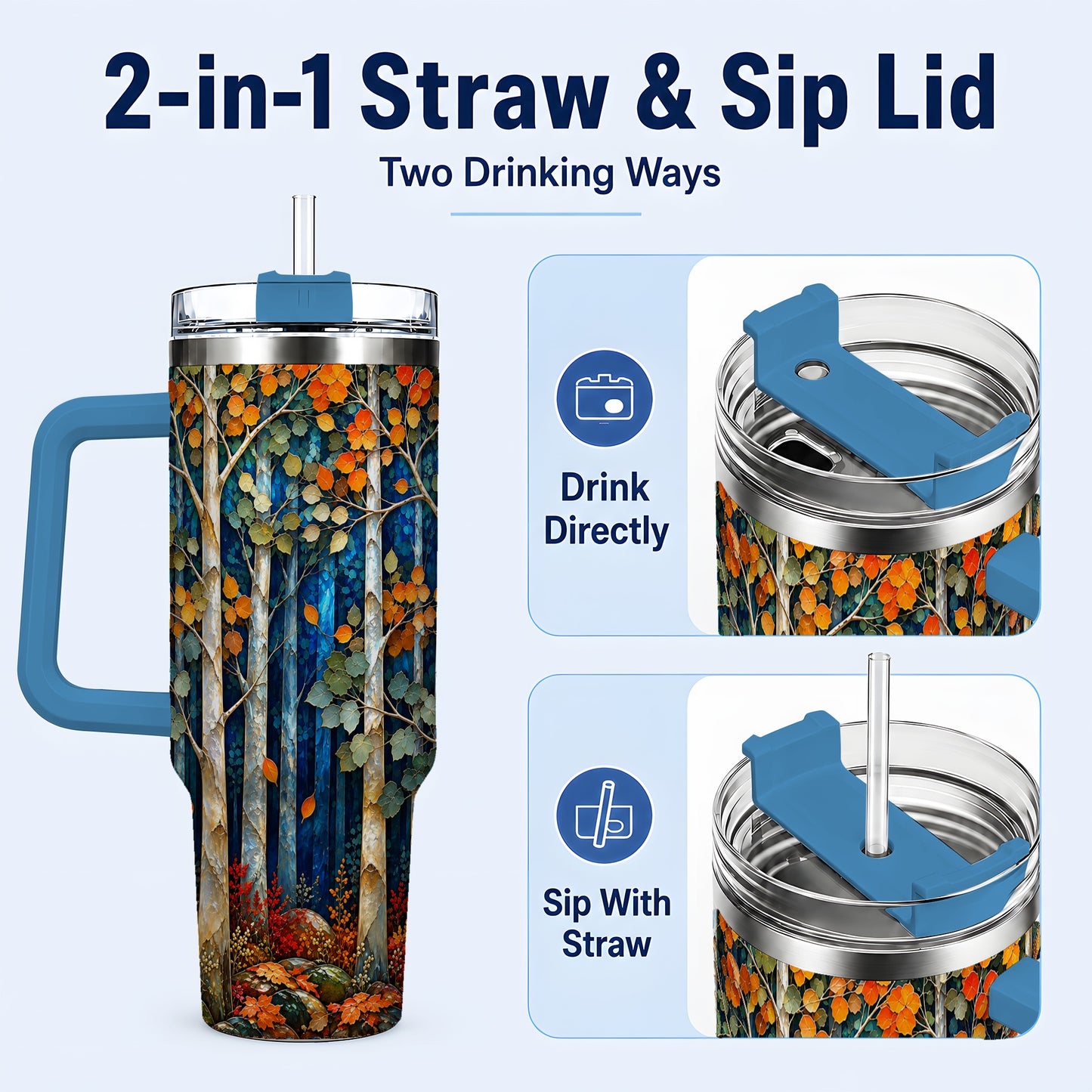 #pl[40oz|Blue] Blue Birch Forest 40oz Tumbler with Handle, Autumn Travel Cup
