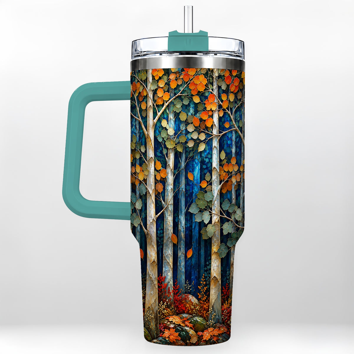 #pl[40oz|Green] Blue Birch Forest 40oz Tumbler with Handle, Autumn Travel Cup