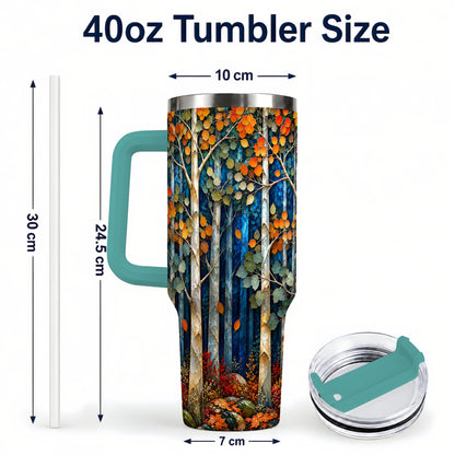 #pl[40oz|Green] Blue Birch Forest 40oz Tumbler with Handle, Autumn Travel Cup