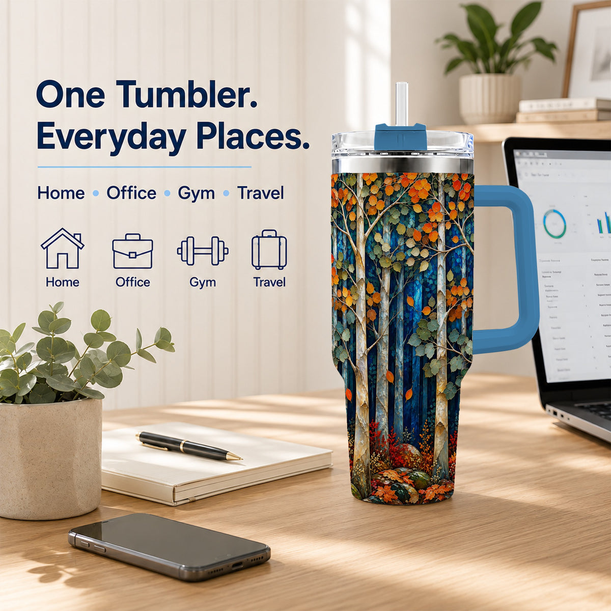 #pl[40oz|Blue] Blue Birch Forest 40oz Tumbler with Handle, Autumn Travel Cup