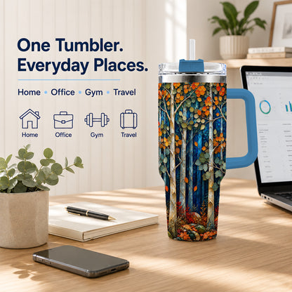 #pl[40oz|Blue] Blue Birch Forest 40oz Tumbler with Handle, Autumn Travel Cup