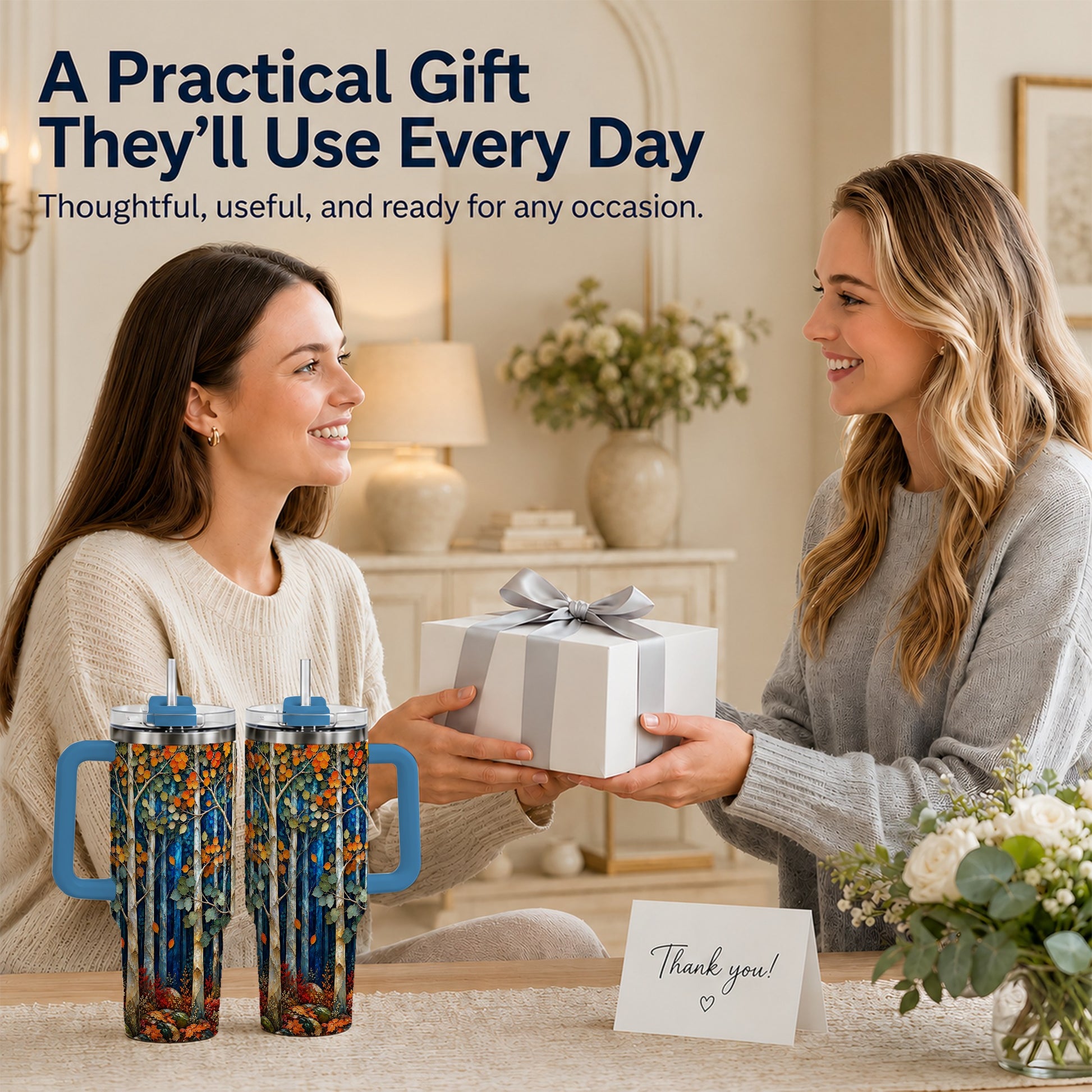 #pl[40oz|Blue] Blue Birch Forest 40oz Tumbler with Handle, Autumn Travel Cup