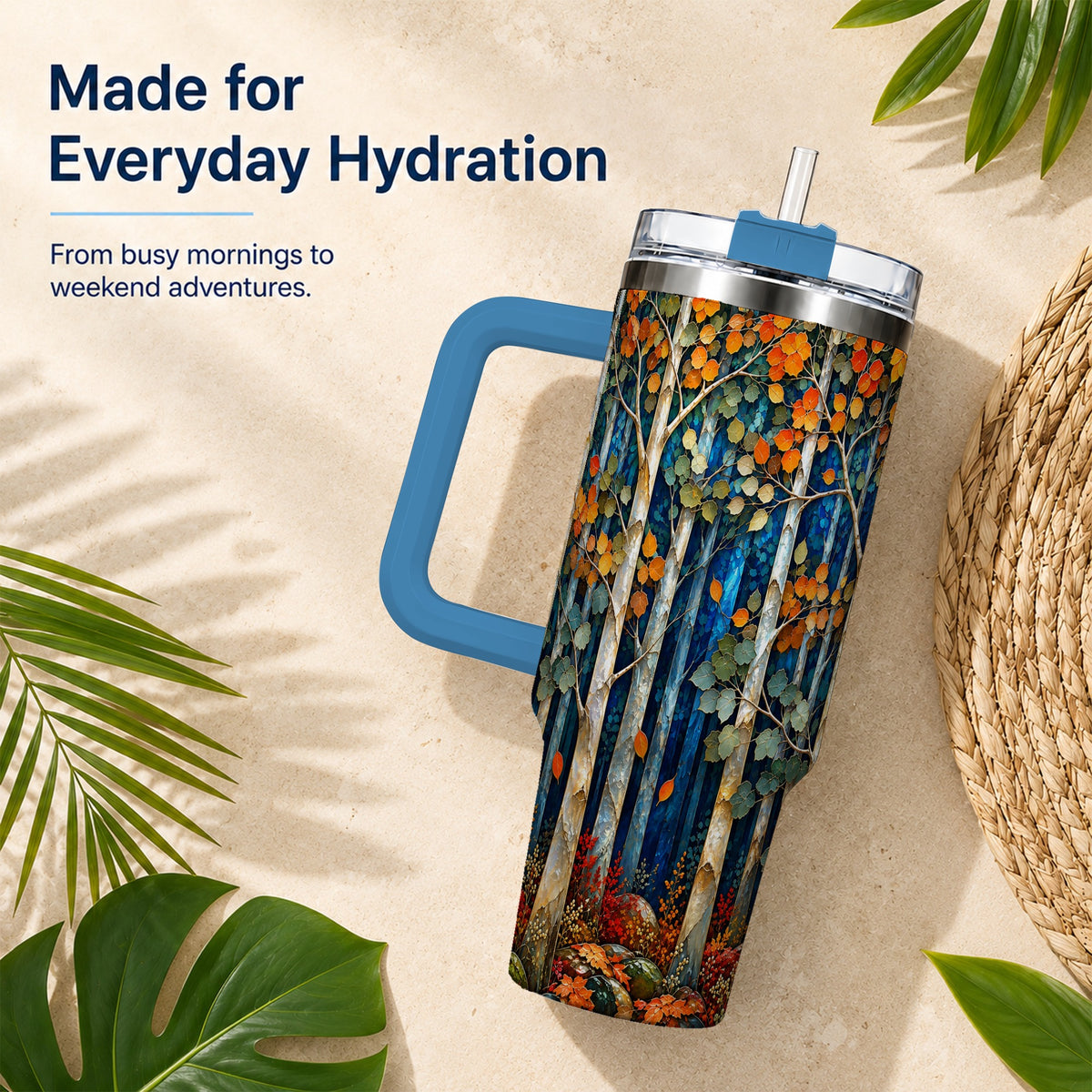 #pl[40oz|Blue] Blue Birch Forest 40oz Tumbler with Handle, Autumn Travel Cup