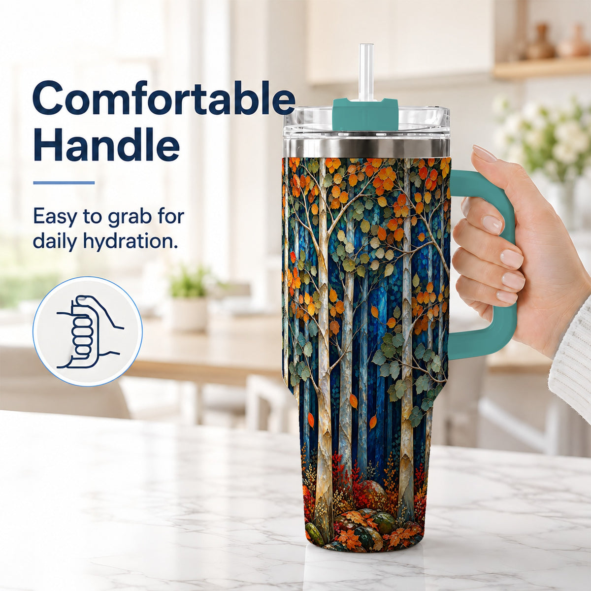 #pl[40oz|Green] Blue Birch Forest 40oz Tumbler with Handle, Autumn Travel Cup