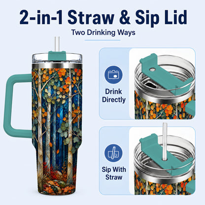 #pl[40oz|Green] Blue Birch Forest 40oz Tumbler with Handle, Autumn Travel Cup