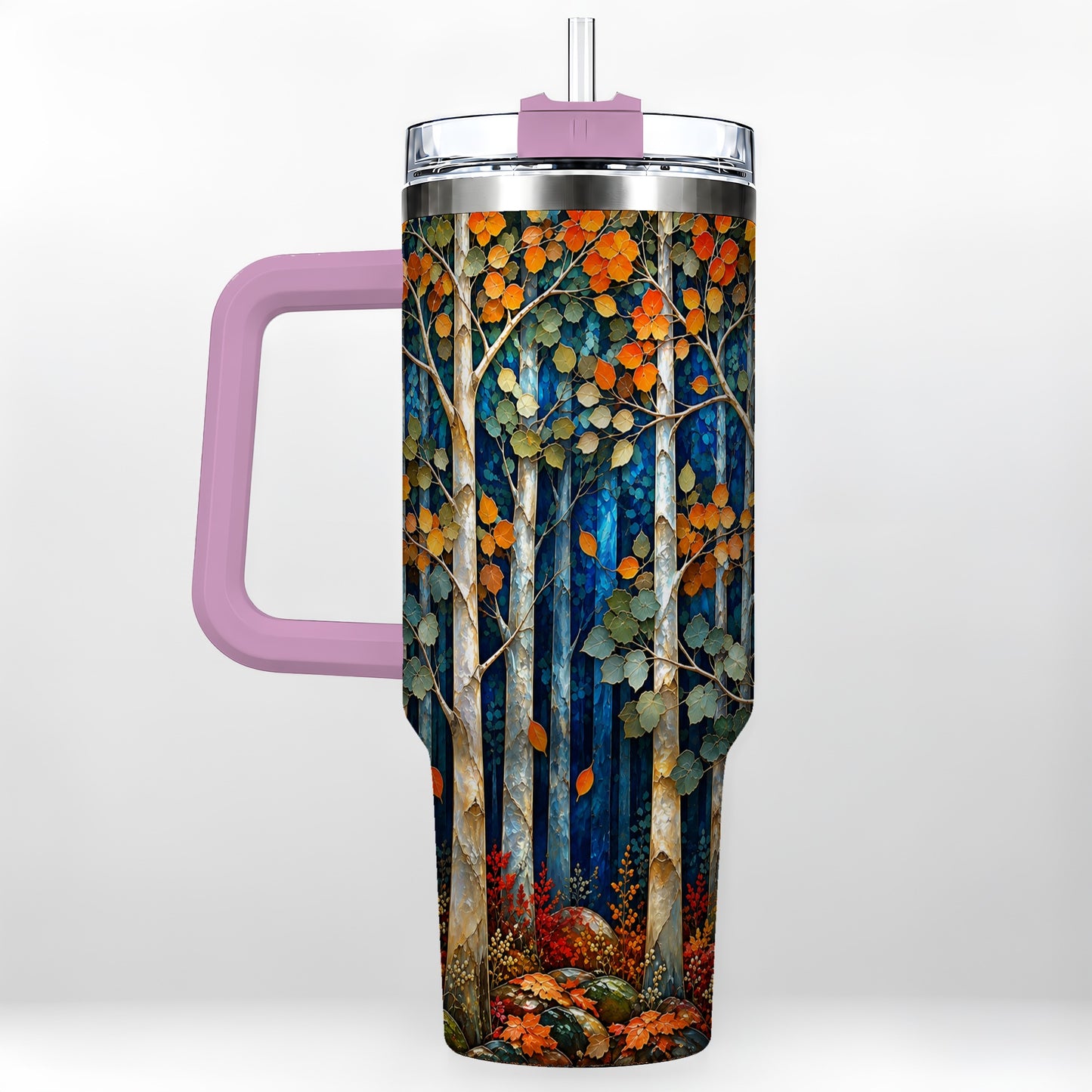 #pl[40oz|Pink] Blue Birch Forest 40oz Tumbler with Handle, Autumn Travel Cup