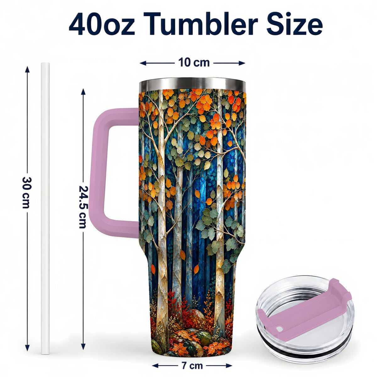 #pl[40oz|Pink] Blue Birch Forest 40oz Tumbler with Handle, Autumn Travel Cup