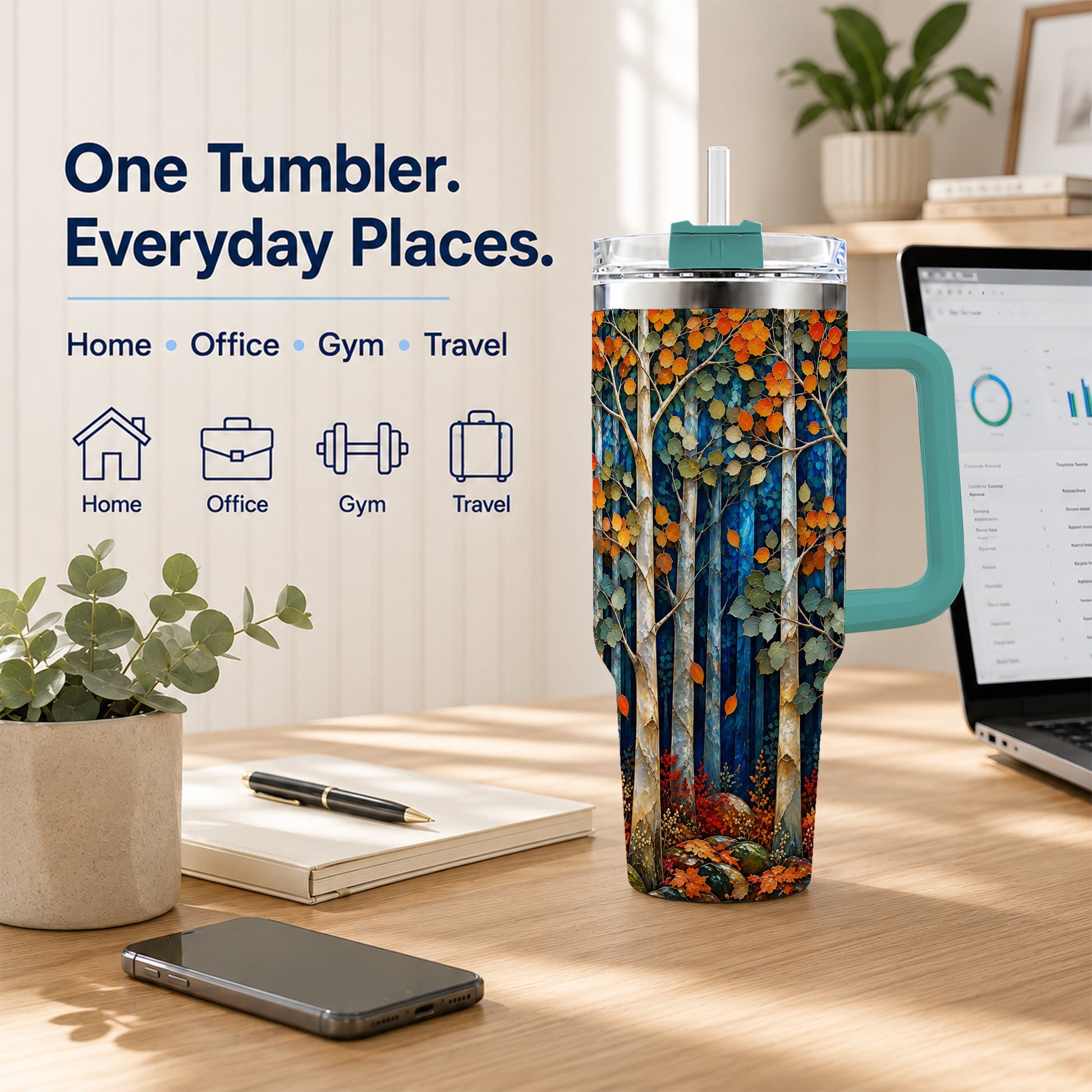 #pl[40oz|Green] Blue Birch Forest 40oz Tumbler with Handle, Autumn Travel Cup