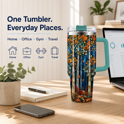 #pl[40oz|Green] Blue Birch Forest 40oz Tumbler with Handle, Autumn Travel Cup