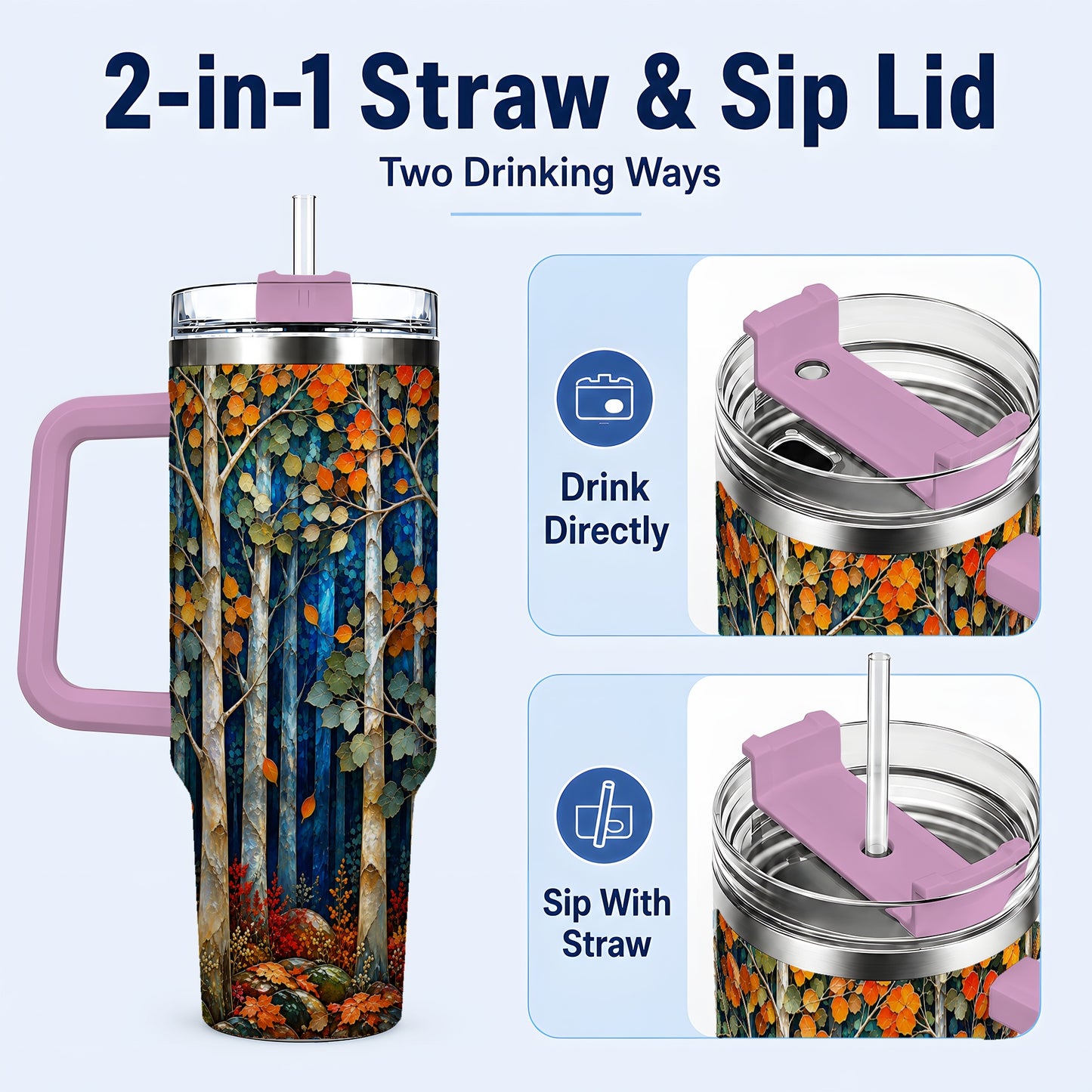 #pl[40oz|Pink] Blue Birch Forest 40oz Tumbler with Handle, Autumn Travel Cup