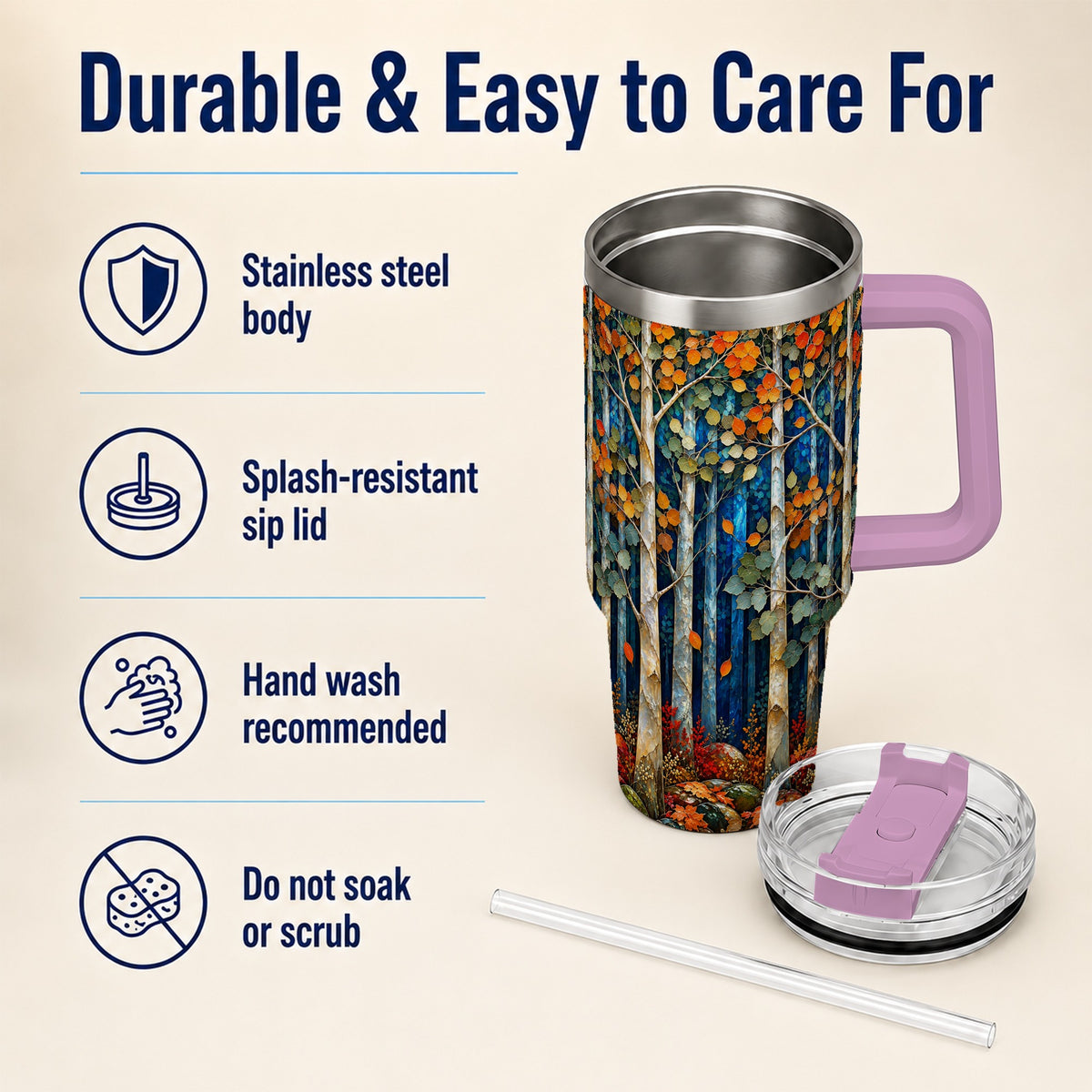 #pl[40oz|Pink] Blue Birch Forest 40oz Tumbler with Handle, Autumn Travel Cup