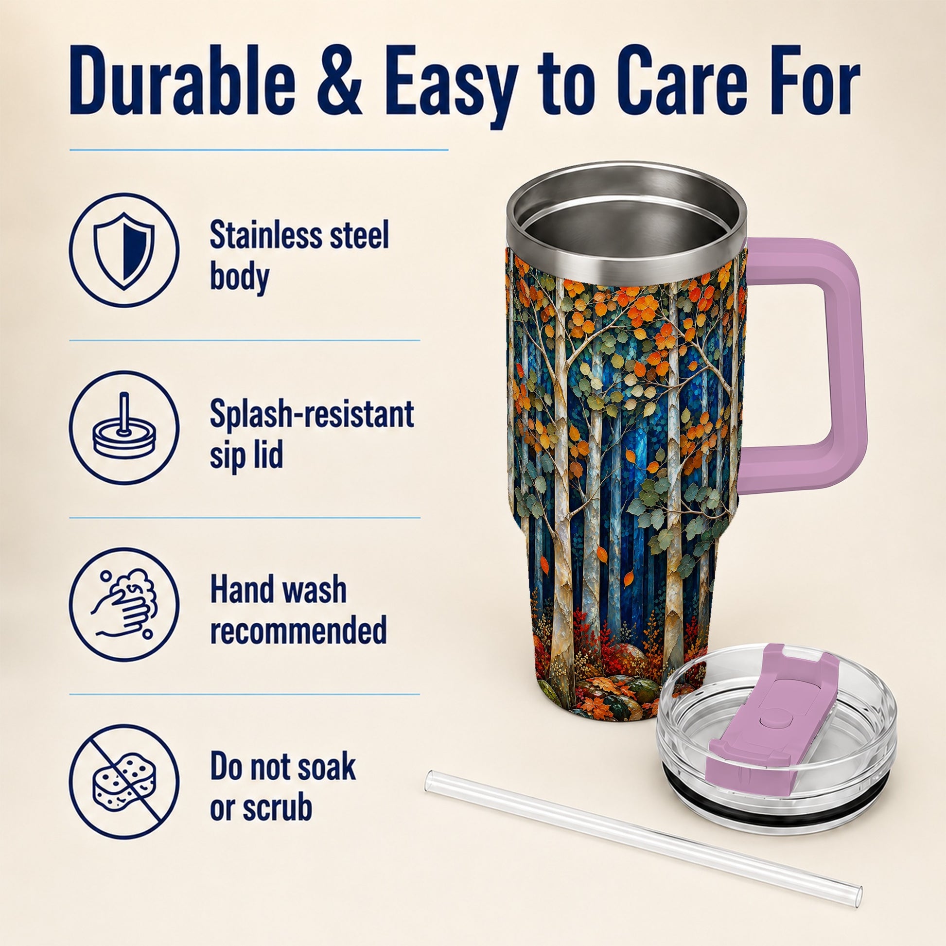 #pl[40oz|Pink] Blue Birch Forest 40oz Tumbler with Handle, Autumn Travel Cup