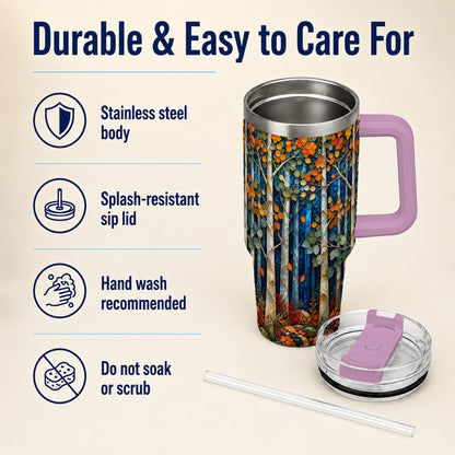 #pl[40oz|Pink] Blue Birch Forest 40oz Tumbler with Handle, Autumn Travel Cup