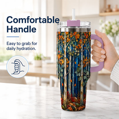 #pl[40oz|Pink] Blue Birch Forest 40oz Tumbler with Handle, Autumn Travel Cup
