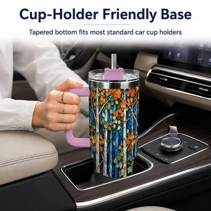 #pl[40oz|Pink] Blue Birch Forest 40oz Tumbler with Handle, Autumn Travel Cup