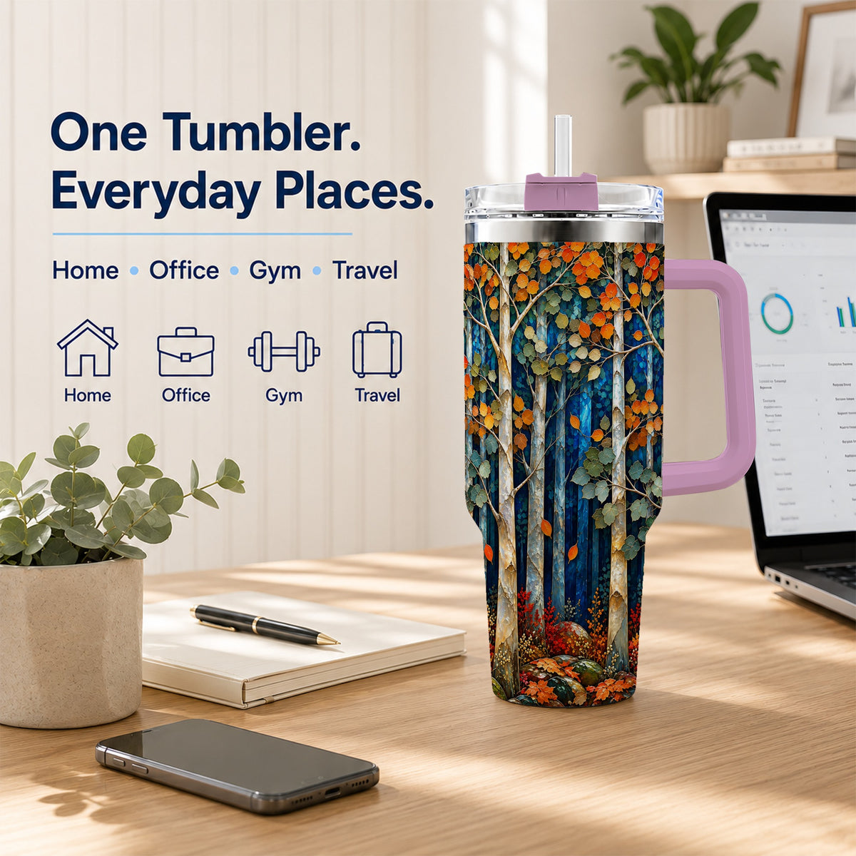 #pl[40oz|Pink] Blue Birch Forest 40oz Tumbler with Handle, Autumn Travel Cup