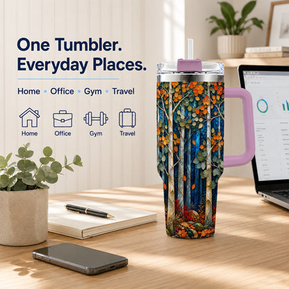 #pl[40oz|Pink] Blue Birch Forest 40oz Tumbler with Handle, Autumn Travel Cup