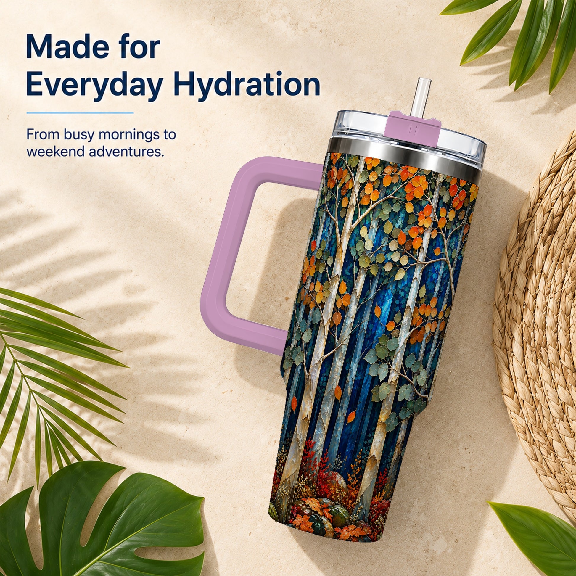 #pl[40oz|Pink] Blue Birch Forest 40oz Tumbler with Handle, Autumn Travel Cup