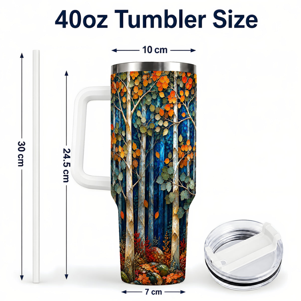 #pl[40oz|White] Blue Birch Forest 40oz Tumbler with Handle, Autumn Travel Cup