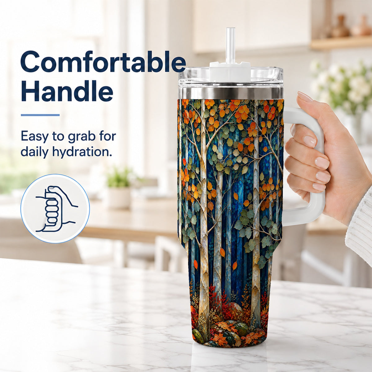 #pl[40oz|White] Blue Birch Forest 40oz Tumbler with Handle, Autumn Travel Cup