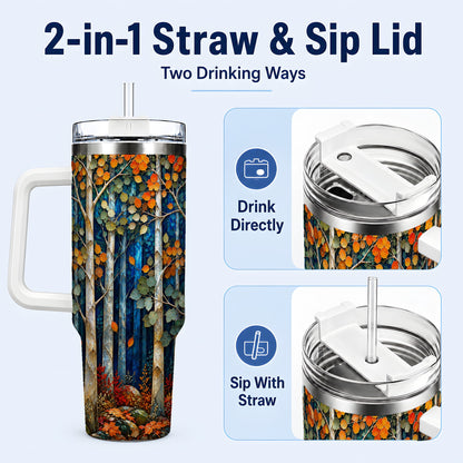 #pl[40oz|White] Blue Birch Forest 40oz Tumbler with Handle, Autumn Travel Cup