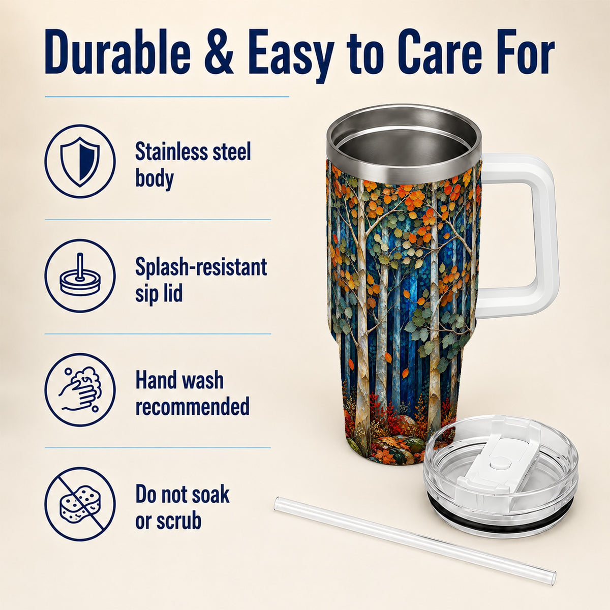 #pl[40oz|White] Blue Birch Forest 40oz Tumbler with Handle, Autumn Travel Cup