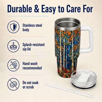 #pl[40oz|White] Blue Birch Forest 40oz Tumbler with Handle, Autumn Travel Cup