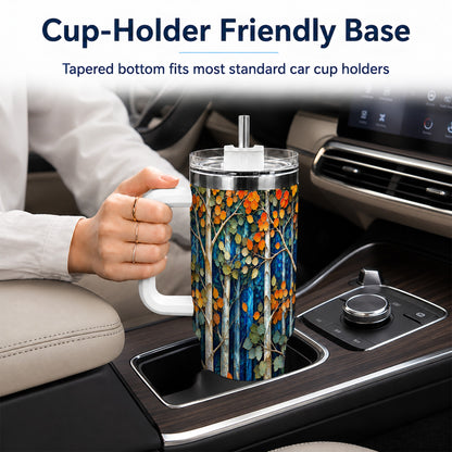 #pl[40oz|White] Blue Birch Forest 40oz Tumbler with Handle, Autumn Travel Cup