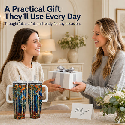 #pl[40oz|White] Blue Birch Forest 40oz Tumbler with Handle, Autumn Travel Cup