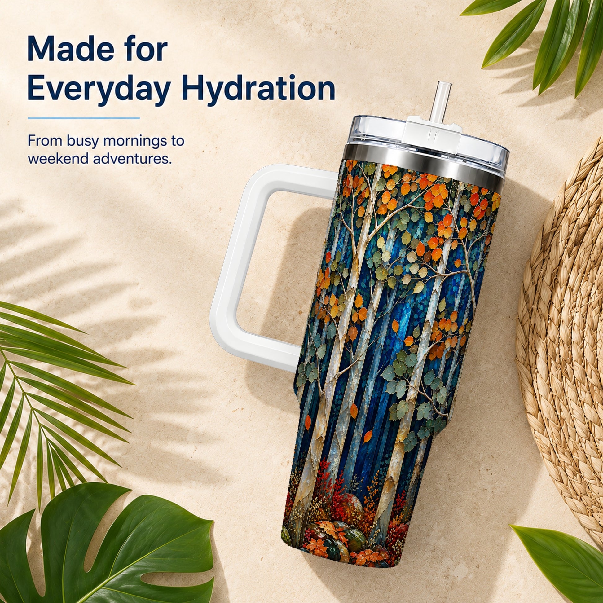 #pl[40oz|White] Blue Birch Forest 40oz Tumbler with Handle, Autumn Travel Cup