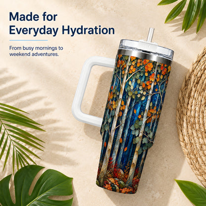 #pl[40oz|White] Blue Birch Forest 40oz Tumbler with Handle, Autumn Travel Cup