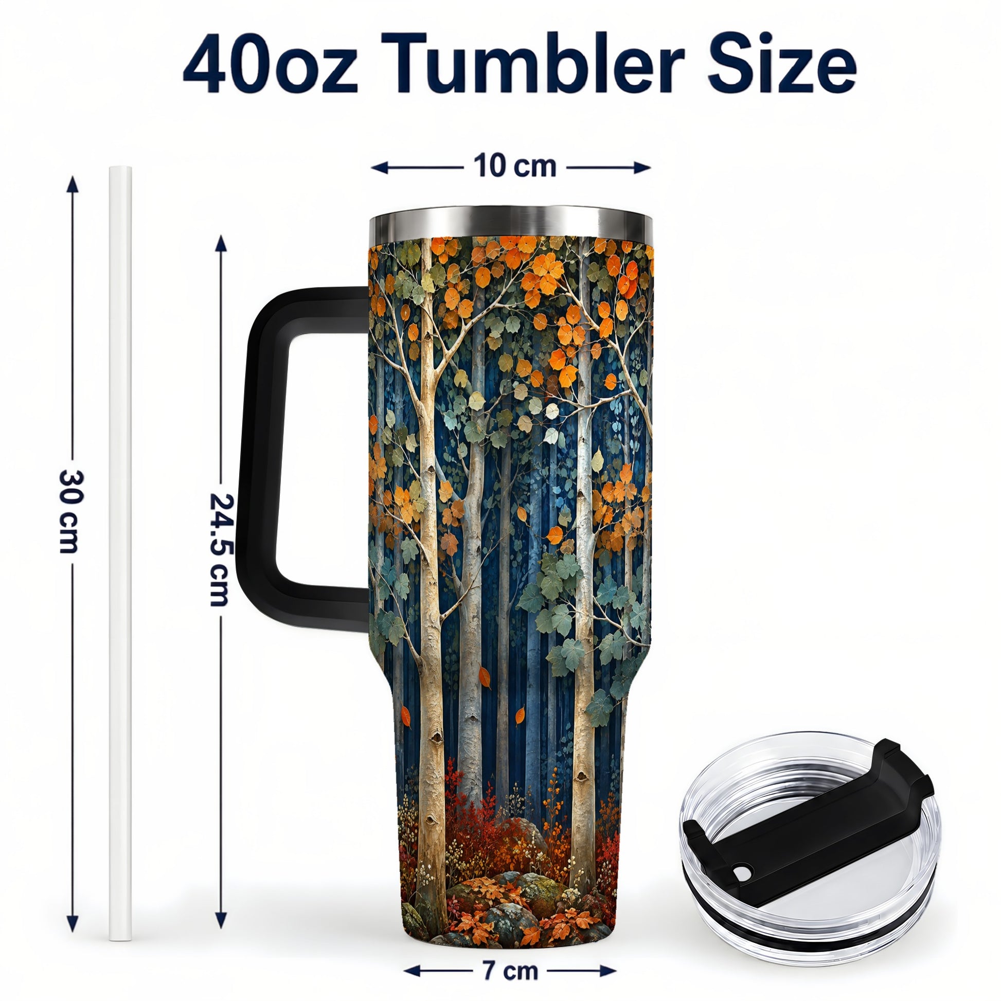 #pl[40oz|Black] Painterly Birch Grove 40oz Tumbler with Handle, Autumn Travel Cup