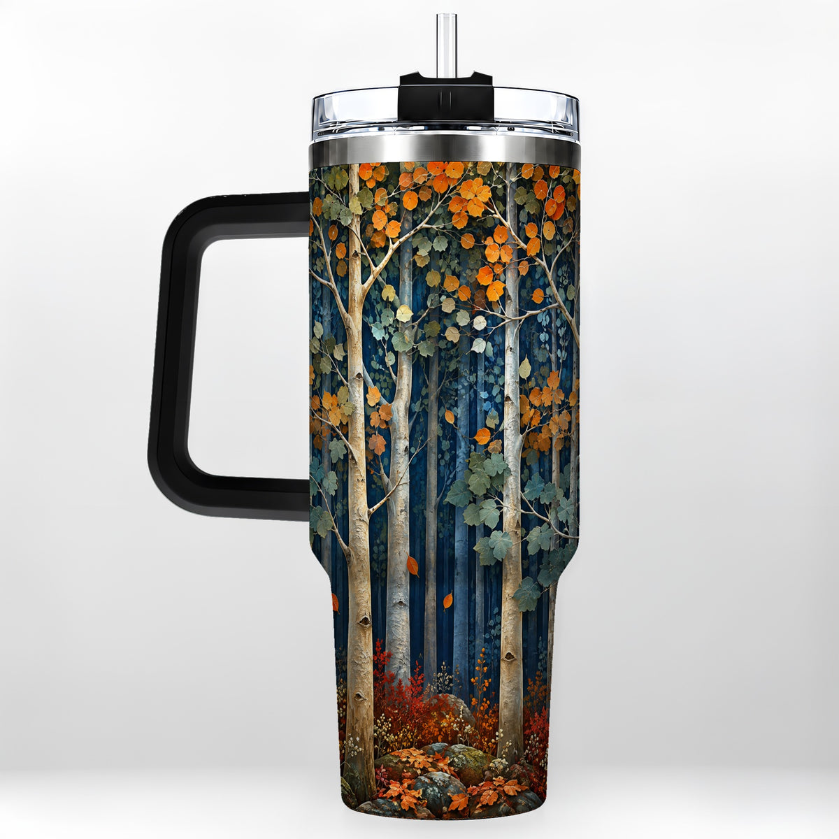 #pl[40oz|Black] Painterly Birch Grove 40oz Tumbler with Handle, Autumn Travel Cup