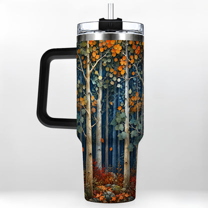 #pl[40oz|Black] Painterly Birch Grove 40oz Tumbler with Handle, Autumn Travel Cup