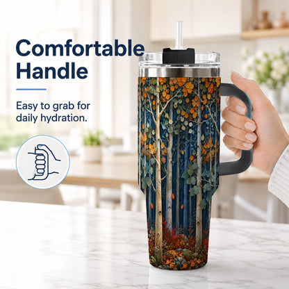 #pl[40oz|Black] Painterly Birch Grove 40oz Tumbler with Handle, Autumn Travel Cup