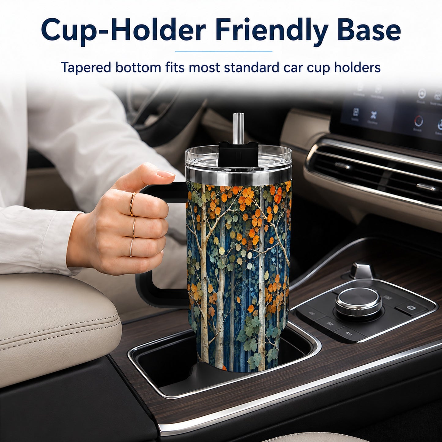 #pl[40oz|Black] Painterly Birch Grove 40oz Tumbler with Handle, Autumn Travel Cup