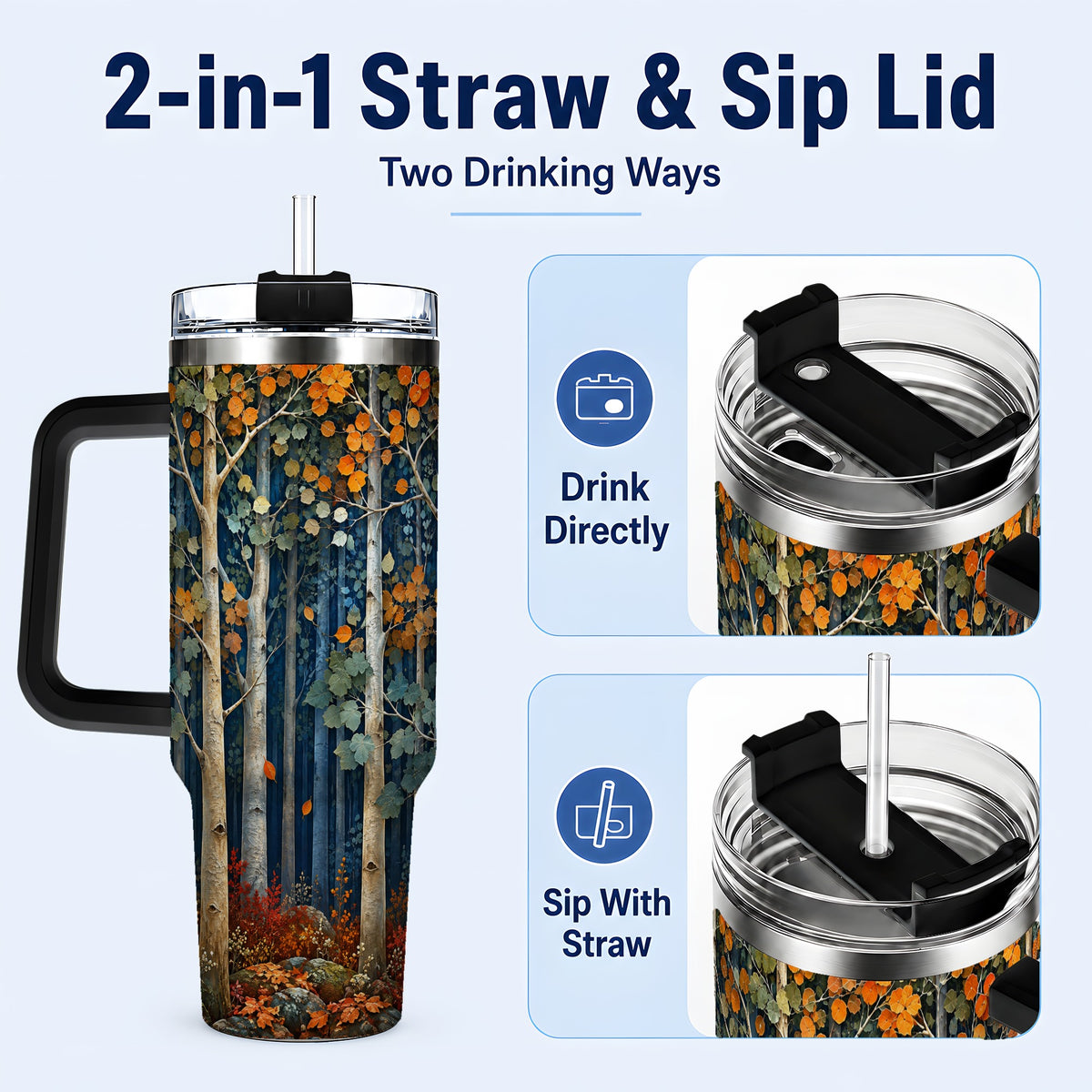#pl[40oz|Black] Painterly Birch Grove 40oz Tumbler with Handle, Autumn Travel Cup