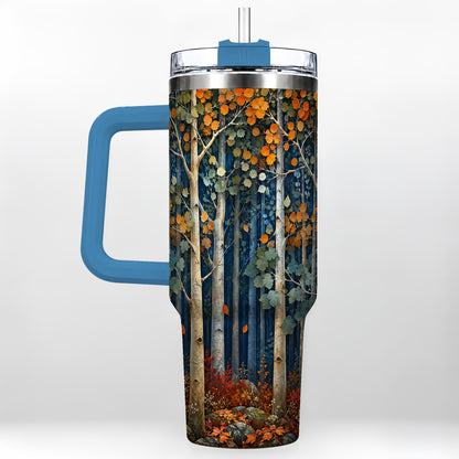 #pl[40oz|Blue] Painterly Birch Grove 40oz Tumbler with Handle, Autumn Travel Cup
