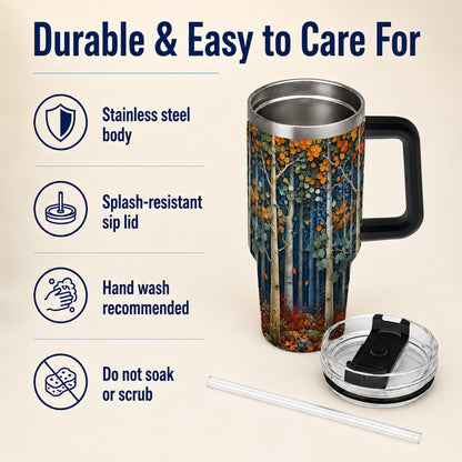 #pl[40oz|Black] Painterly Birch Grove 40oz Tumbler with Handle, Autumn Travel Cup