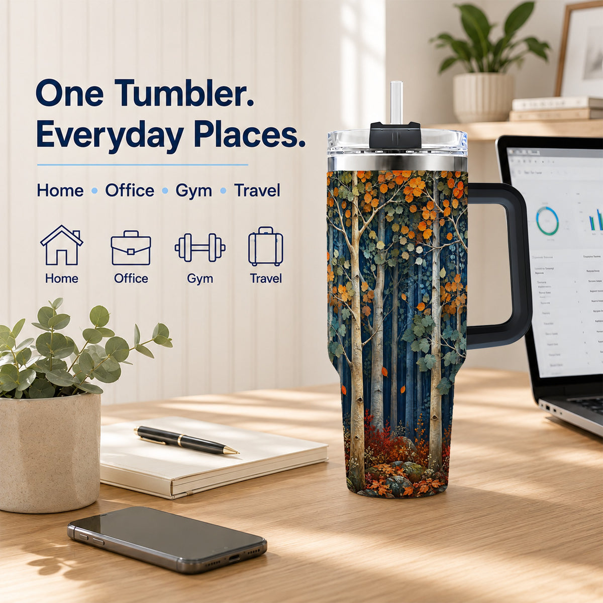 #pl[40oz|Black] Painterly Birch Grove 40oz Tumbler with Handle, Autumn Travel Cup